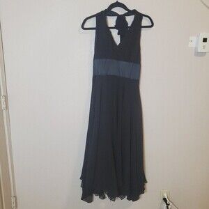 Donna Ricco Black Chiffon Halter Top Dress Deep V Neck Scalloped Hemline